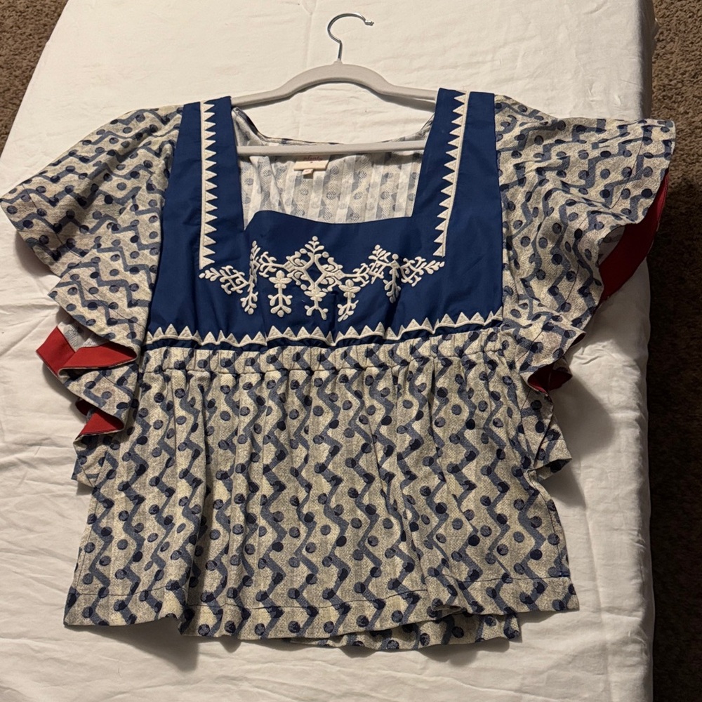 Anthropologie Blue and Cream Embroidered Blouse